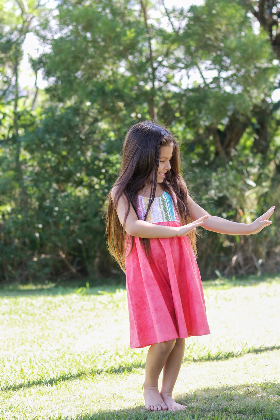 Handmade Girls' Lei Twirl Dress | Rainbow Lei Print 100% Cotton | Shirred Back | Made in Maui, Hawaii