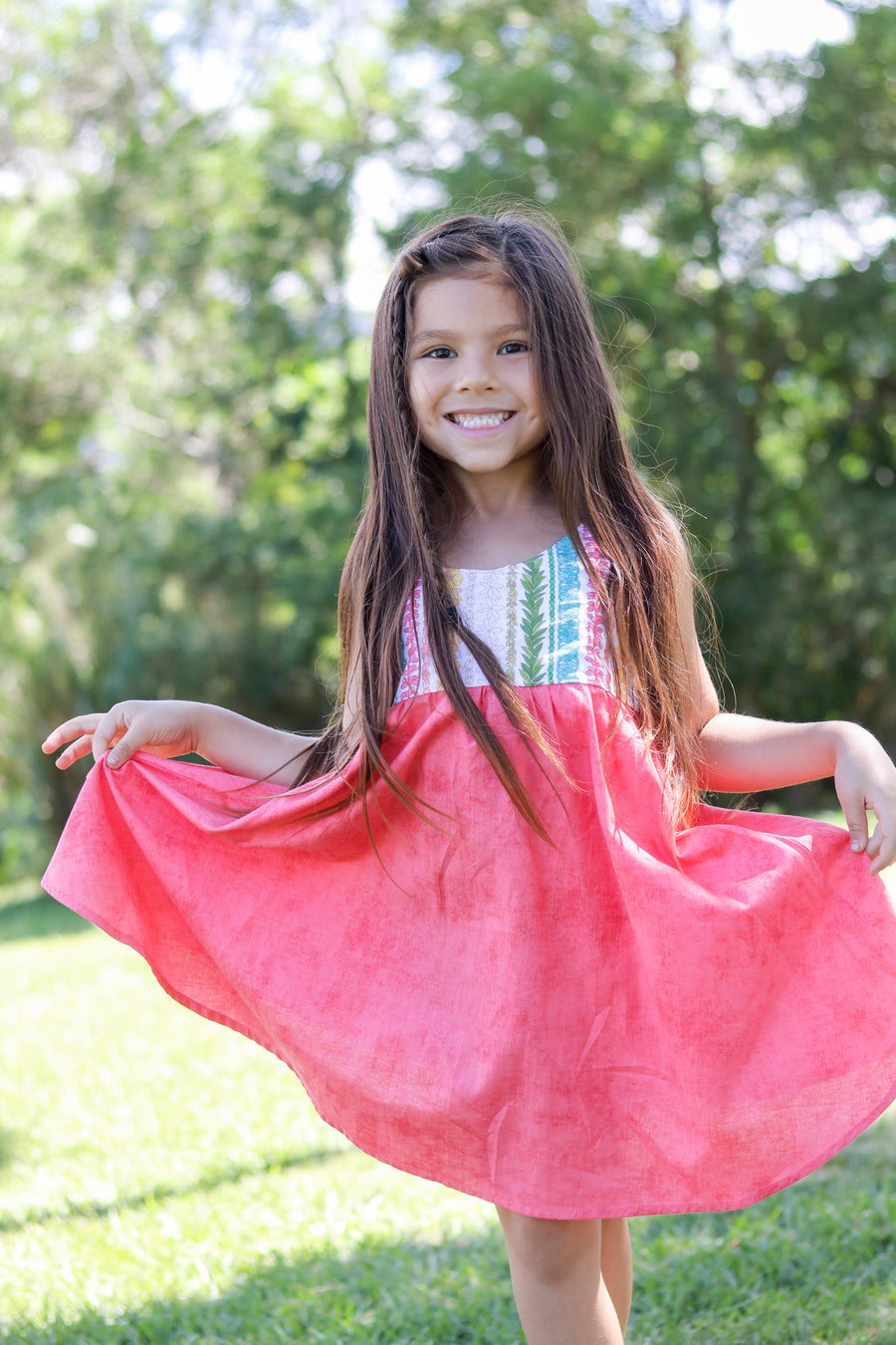 Handmade Girls' Lei Twirl Dress | Rainbow Lei Print 100% Cotton | Shirred Back | Made in Maui, Hawaii