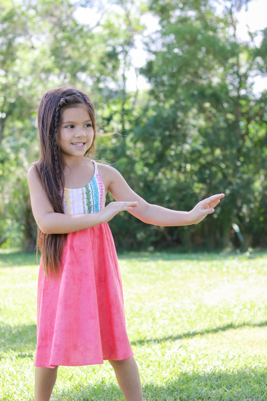 Handmade Girls' Lei Twirl Dress | Rainbow Lei Print 100% Cotton | Shirred Back | Made in Maui, Hawaii