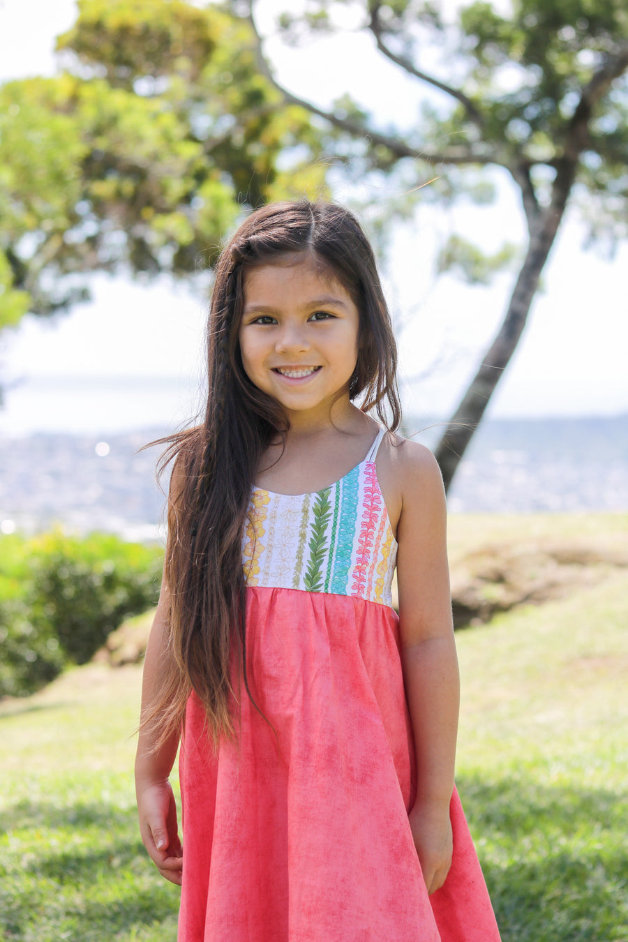 Handmade Girls' Lei Twirl Dress | Rainbow Lei Print 100% Cotton | Shirred Back | Made in Maui, Hawaii