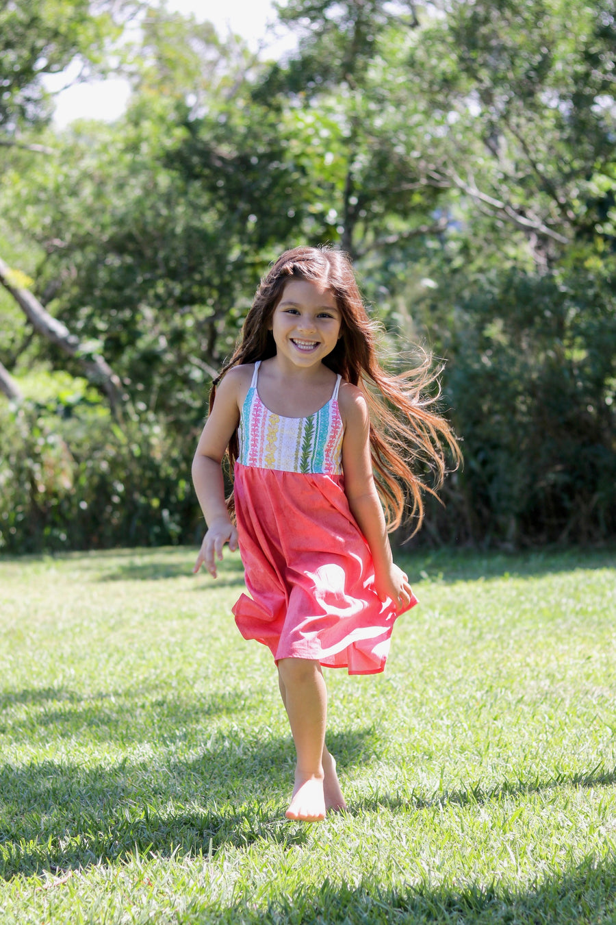 Handmade Girls' Lei Twirl Dress | Rainbow Lei Print 100% Cotton | Shirred Back | Made in Maui, Hawaii