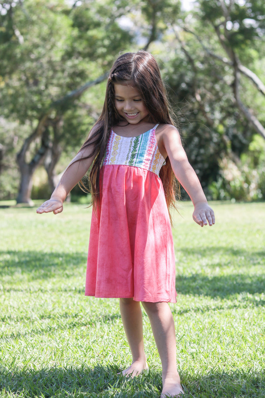 Handmade Girls' Lei Twirl Dress | Rainbow Lei Print 100% Cotton | Shirred Back | Made in Maui, Hawaii
