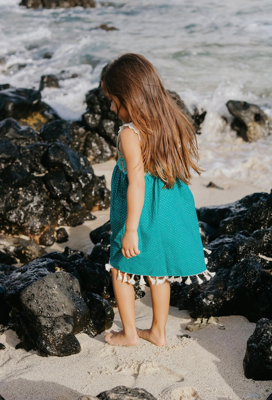 Ocean Print Lace Strap Dress with Fringe Trim. - Summer Dress  Made in Hawaii USA