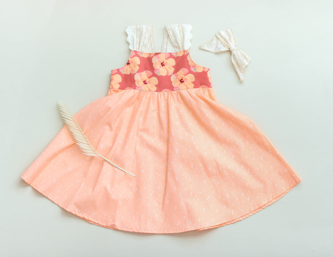 Hibiscus Print Twirly Lace Sleeve Girls Dress - Toddler Dress - Baby Girl Dress - Made in Hawaii USA