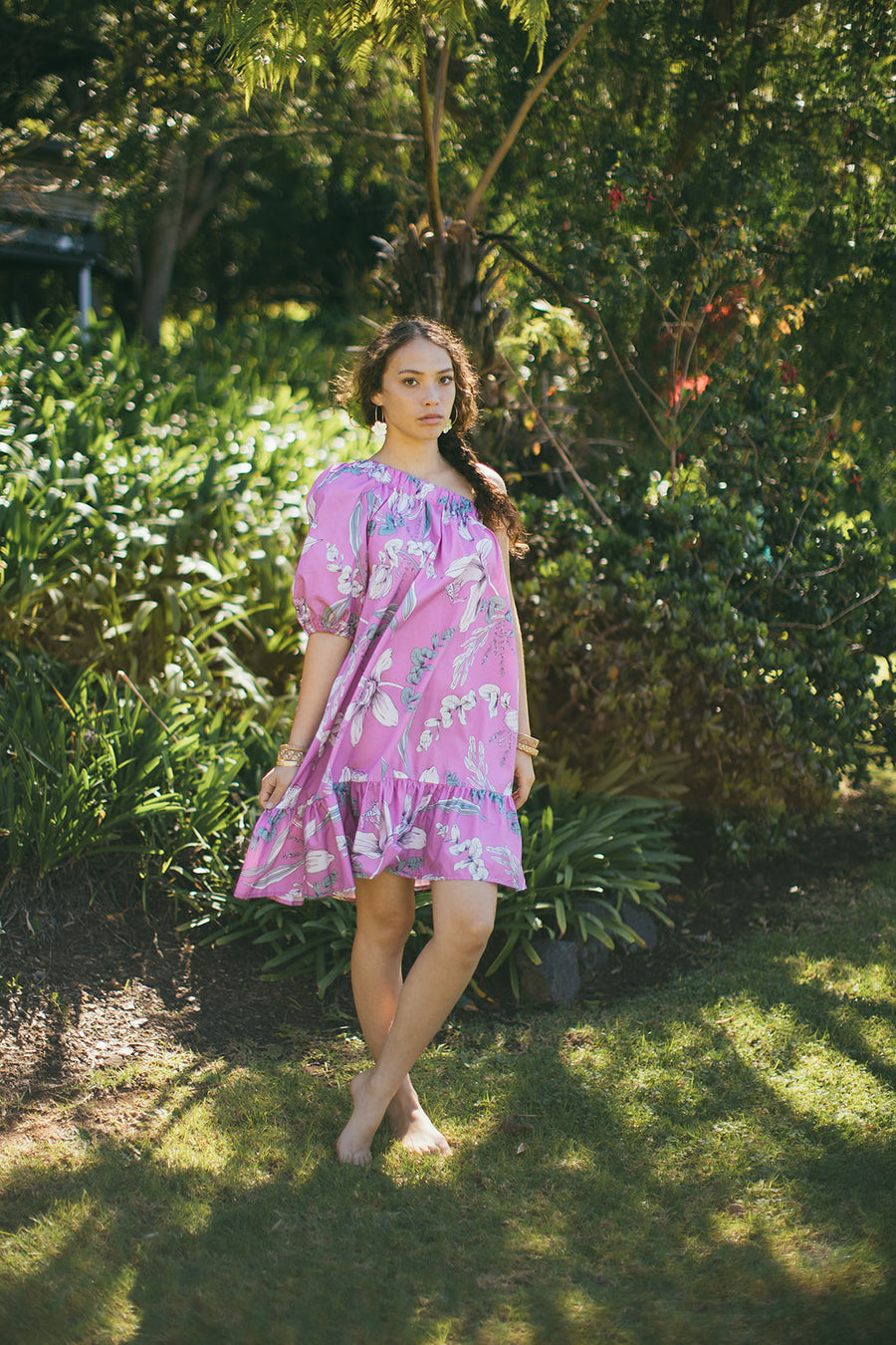 Girls Dress in Pink Orchid - Mu'u House x Bitty Bambu Collaboration Dress - Made on Maui, Hawaii