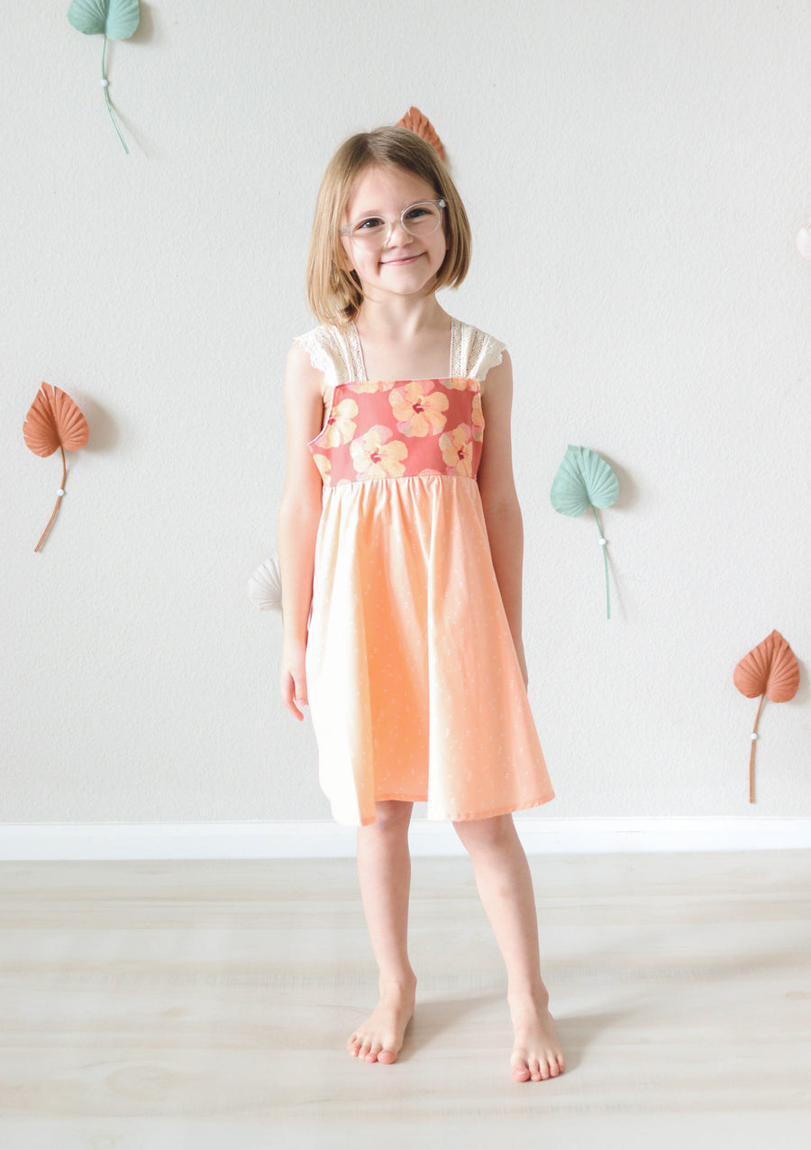 Hibiscus Print Twirly Lace Sleeve Girls Dress - Toddler Dress - Baby Girl Dress - Made in Hawaii USA