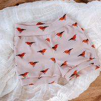 Eco-Friendly Organic Knit Baby Shorts | ‘I’iwi Hawaiian Native Bird Print | Soft & Comfy Diaper Cover Bummies, or Shorts