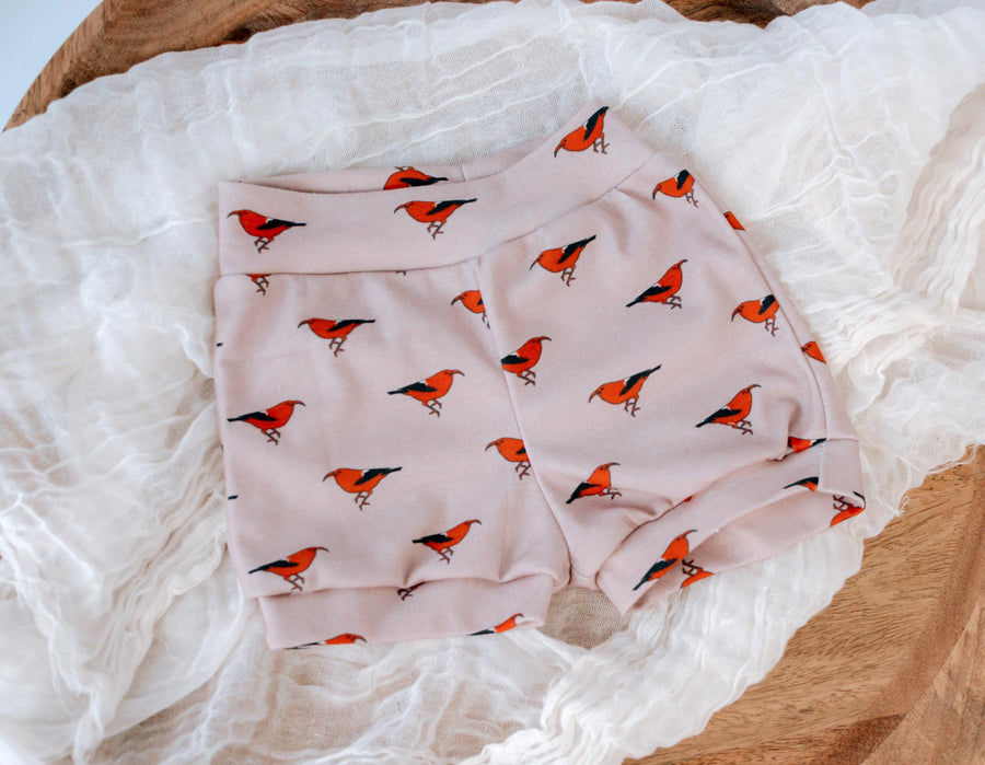 Eco-Friendly Organic Knit Baby Shorts | ‘I’iwi Hawaiian Native Bird Print | Soft & Comfy Diaper Cover Bummies, or Shorts