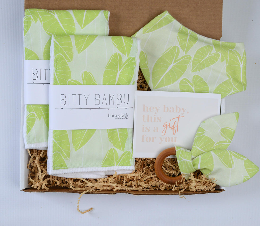 Hawaiian Baby Gift Set | Kalo (Taro) Baby Bib, Teething Ring & Burp Cloth Set | Neutral Baby Shower Gift | Handmade in Maui Hawaii
