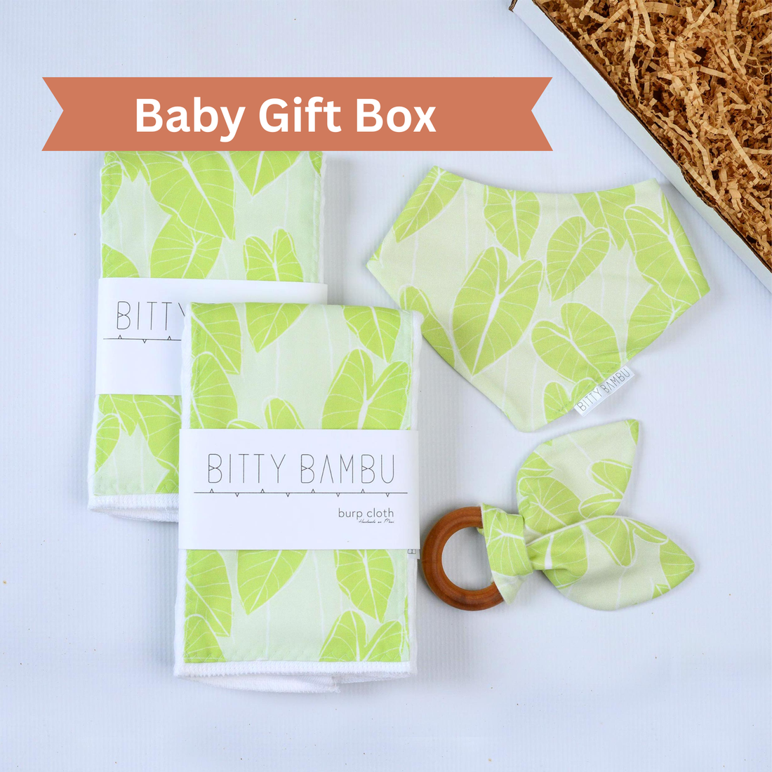 Hawaiian Baby Gift Set | Kalo (Taro) Baby Bib, Teething Ring & Burp Cloth Set | Neutral Baby Shower Gift | Handmade in Maui Hawaii