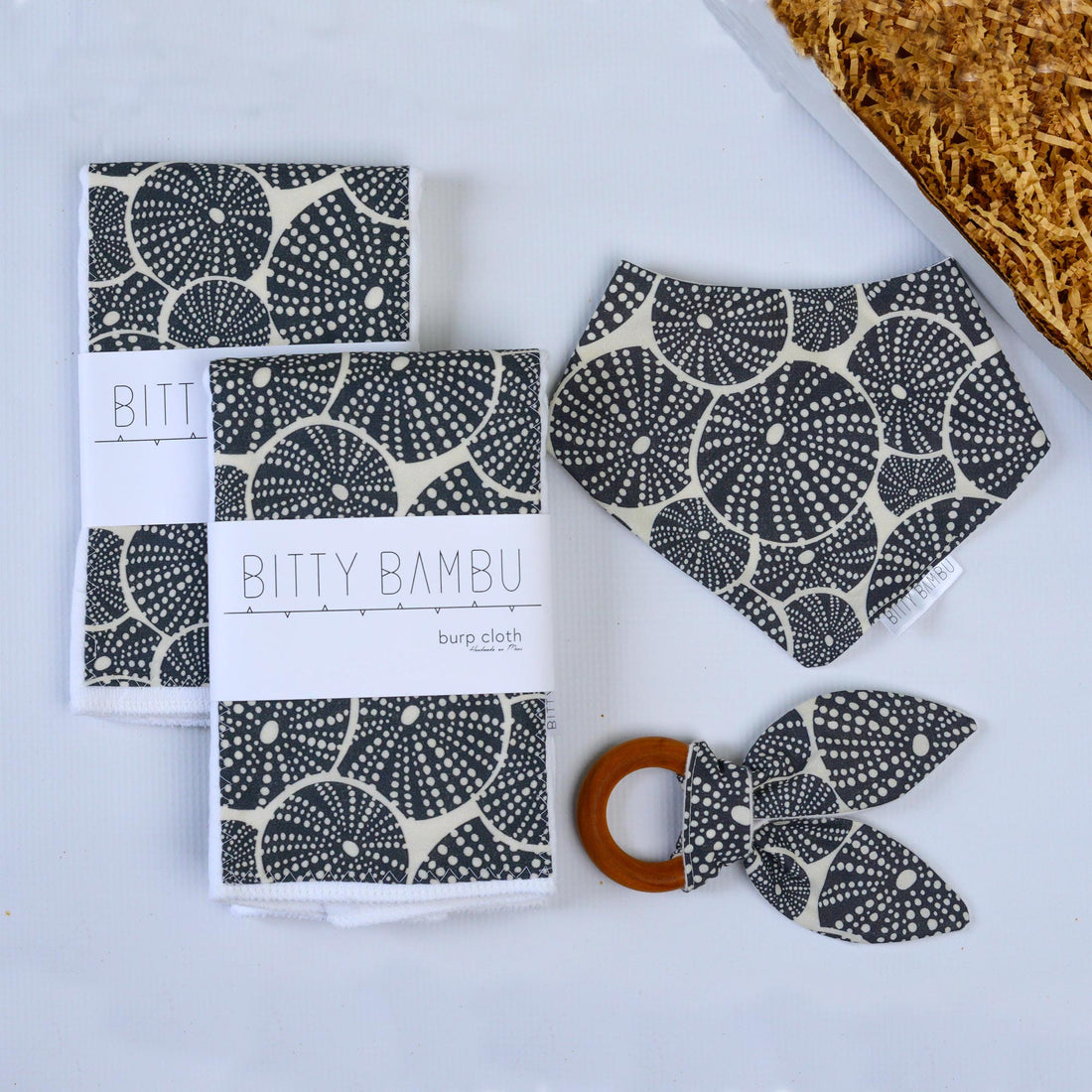 Sea Urchin Baby Gift Set | Hawaiian Baby Shower Gift | Burp Cloths, Bib & Teether | Handmade in Maui