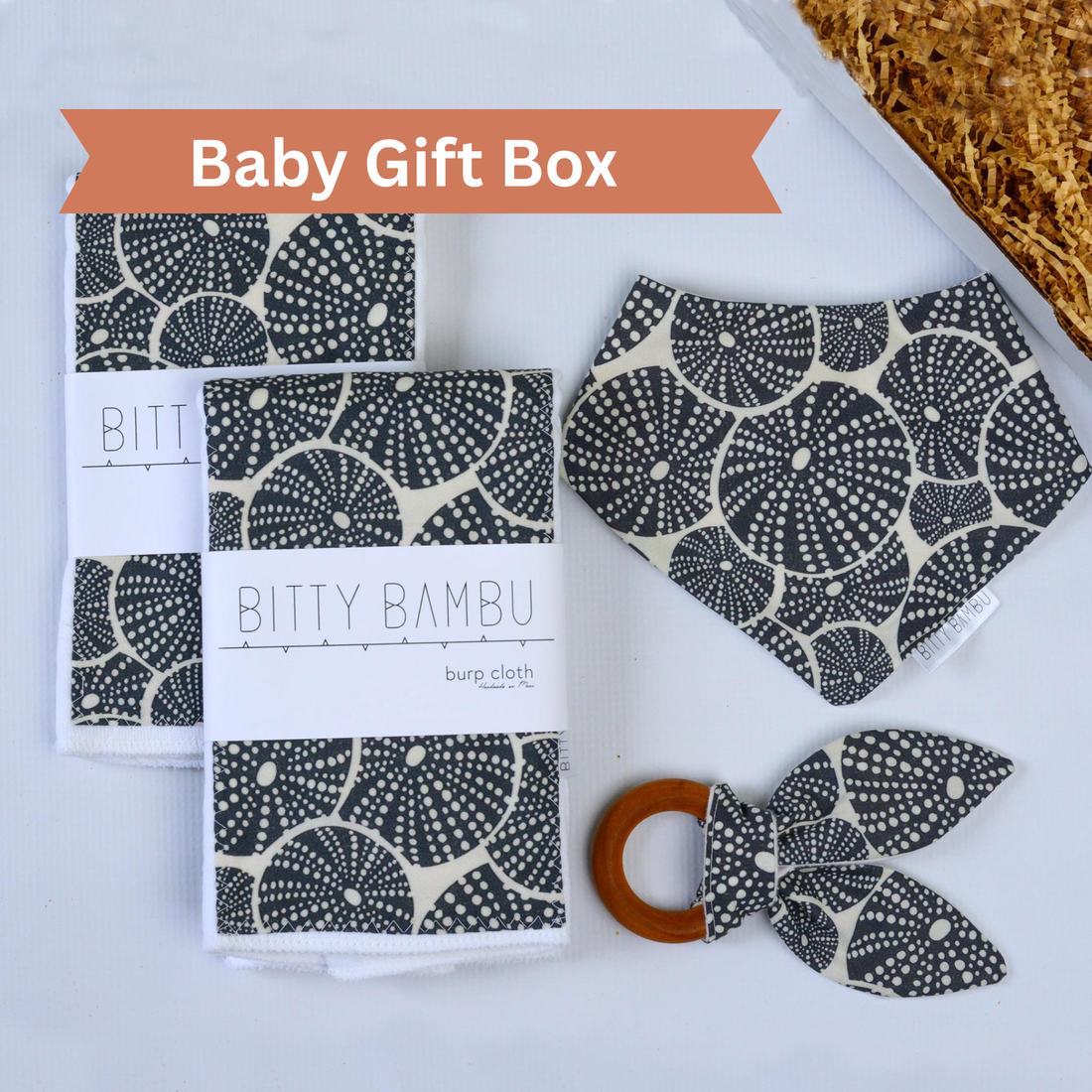 Sea Urchin Baby Gift Set | Hawaiian Baby Shower Gift | Burp Cloths, Bib & Teether | Handmade in Maui