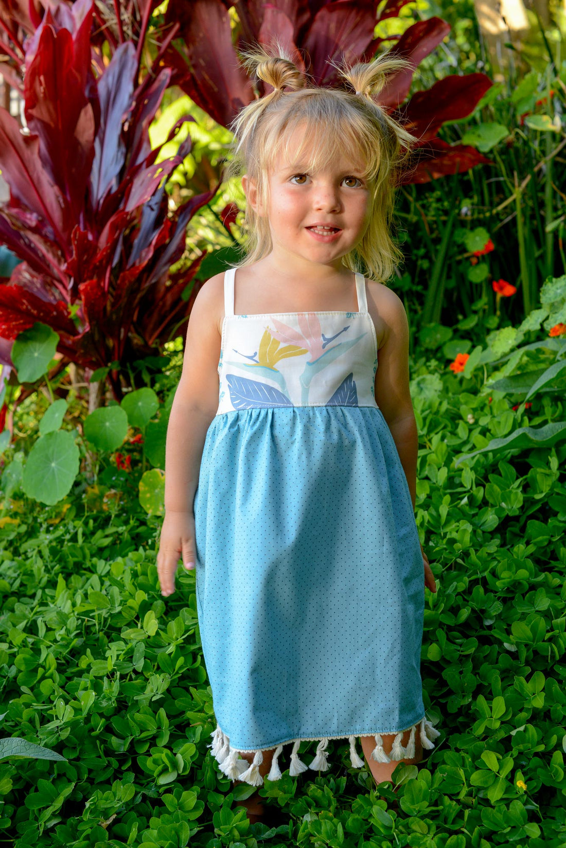 Girls Bird of Paradise Dress - Handmade Hawaiian Cotton Sundress with Fringe Trim