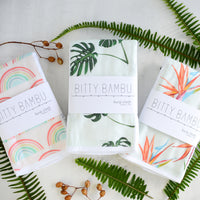 Baby Burp Cloth Set of 3 - Monstera, Rainbow and Bird of Paradise Prints - Tropical Baby Gift Set - Boutique Baby Gift - Layette Gift - Hawaii Baby - bitty bambu