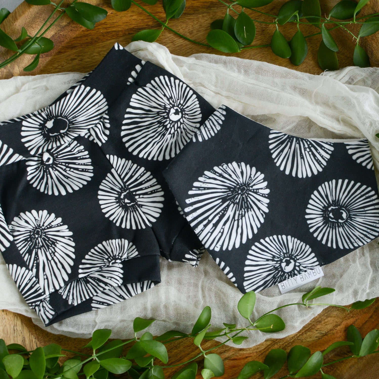 Gift Box | Opihi Shells on Black | Organic Knit Shorts & Baby Bib | Gender-Neutral Gift Made in Maui, Hawaii USA