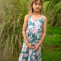 Handmade Girls' 'Jade Pua' Dress | Mu'u House Collab | Adjustable Tie Straps & Ruffled Hem | 100% Cotton Poplin | Made in Maui, Hawaii