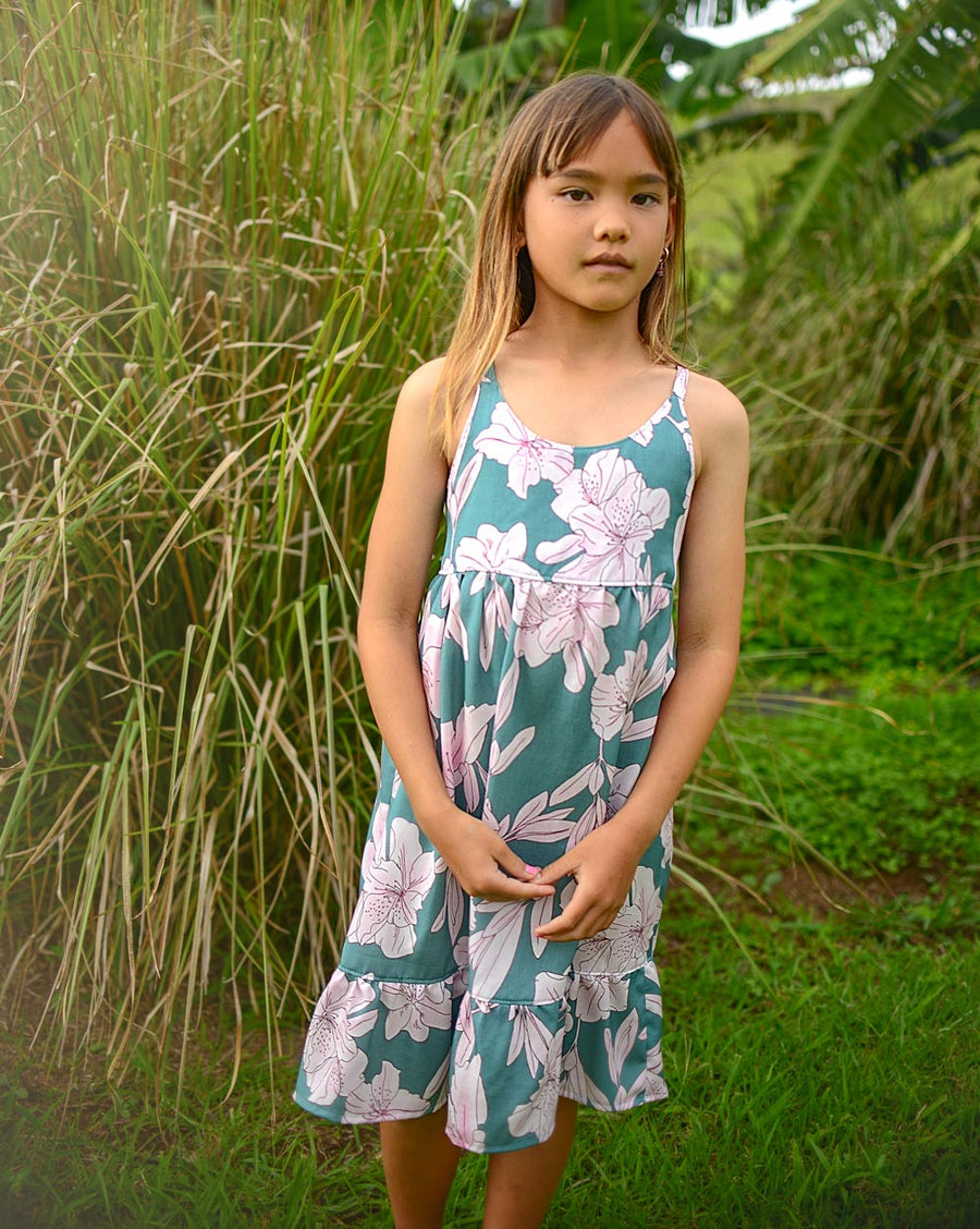 Handmade Girls' 'Jade Pua' Dress | Mu'u House Collab | Adjustable Tie Straps & Ruffled Hem | 100% Cotton Poplin | Made in Maui, Hawaii