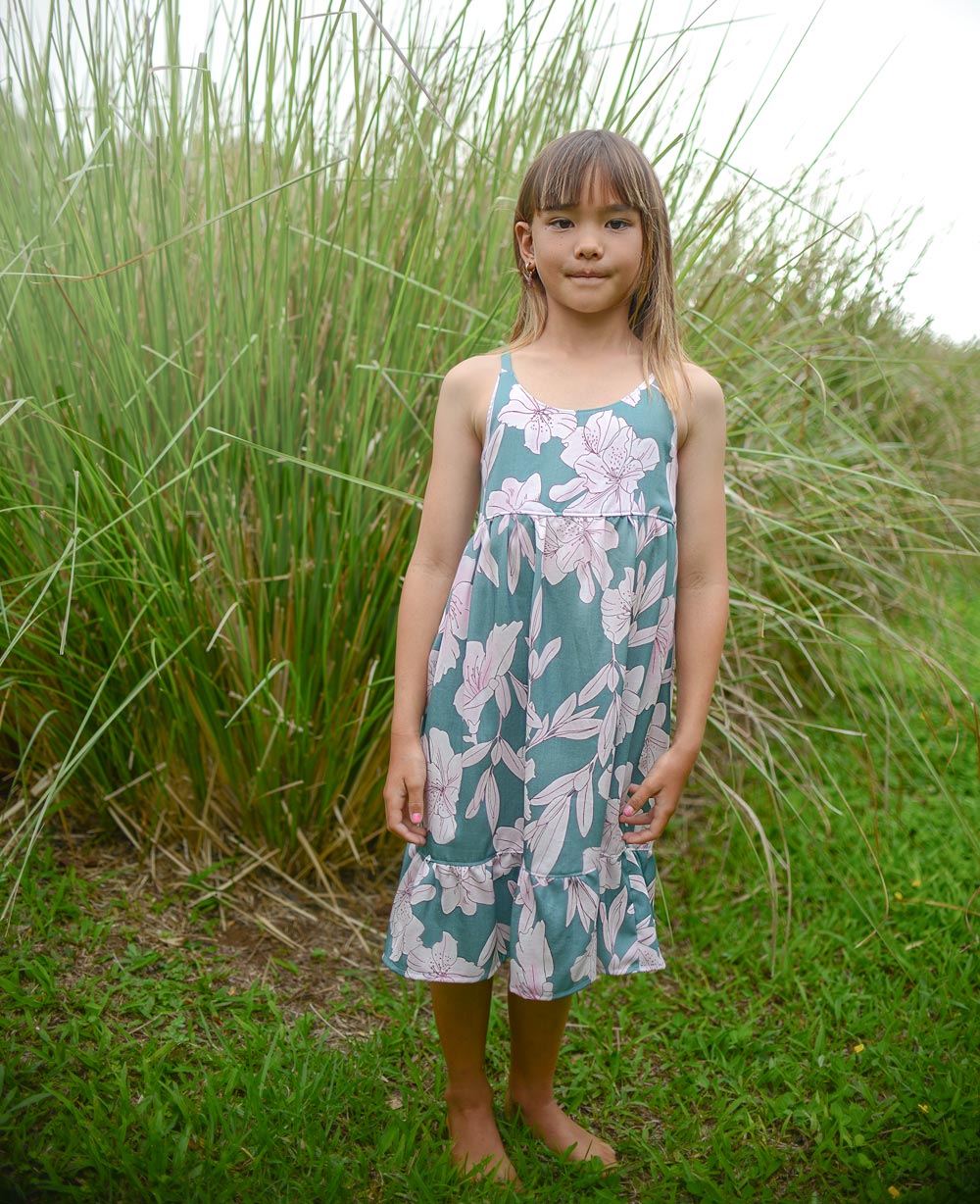 Handmade Girls' 'Jade Pua' Dress | Mu'u House Collab | Adjustable Tie Straps & Ruffled Hem | 100% Cotton Poplin | Made in Maui, Hawaii