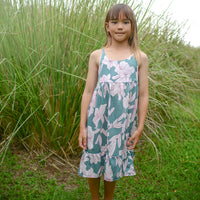 Handmade Girls' 'Jade Pua' Dress | Mu'u House Collab | Adjustable Tie Straps & Ruffled Hem | 100% Cotton Poplin | Made in Maui, Hawaii