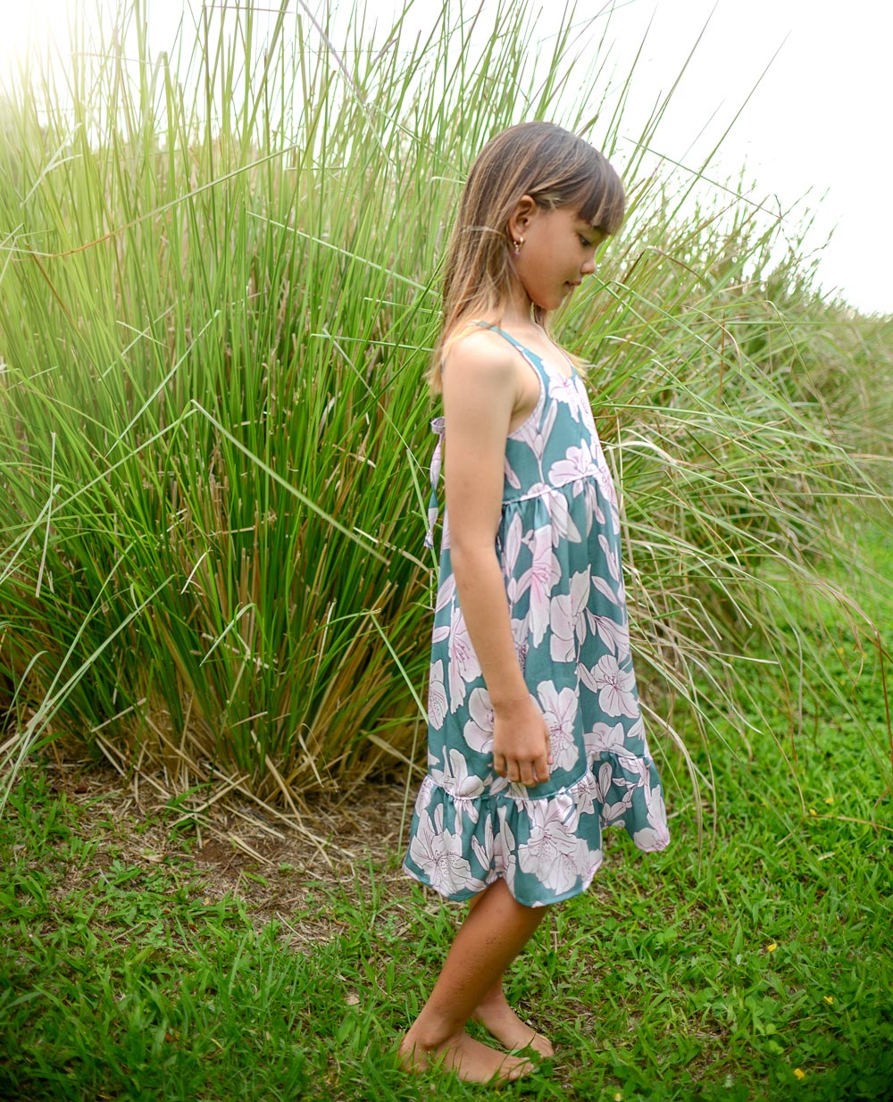 Handmade Girls' 'Jade Pua' Dress | Mu'u House Collab | Adjustable Tie Straps & Ruffled Hem | 100% Cotton Poplin | Made in Maui, Hawaii