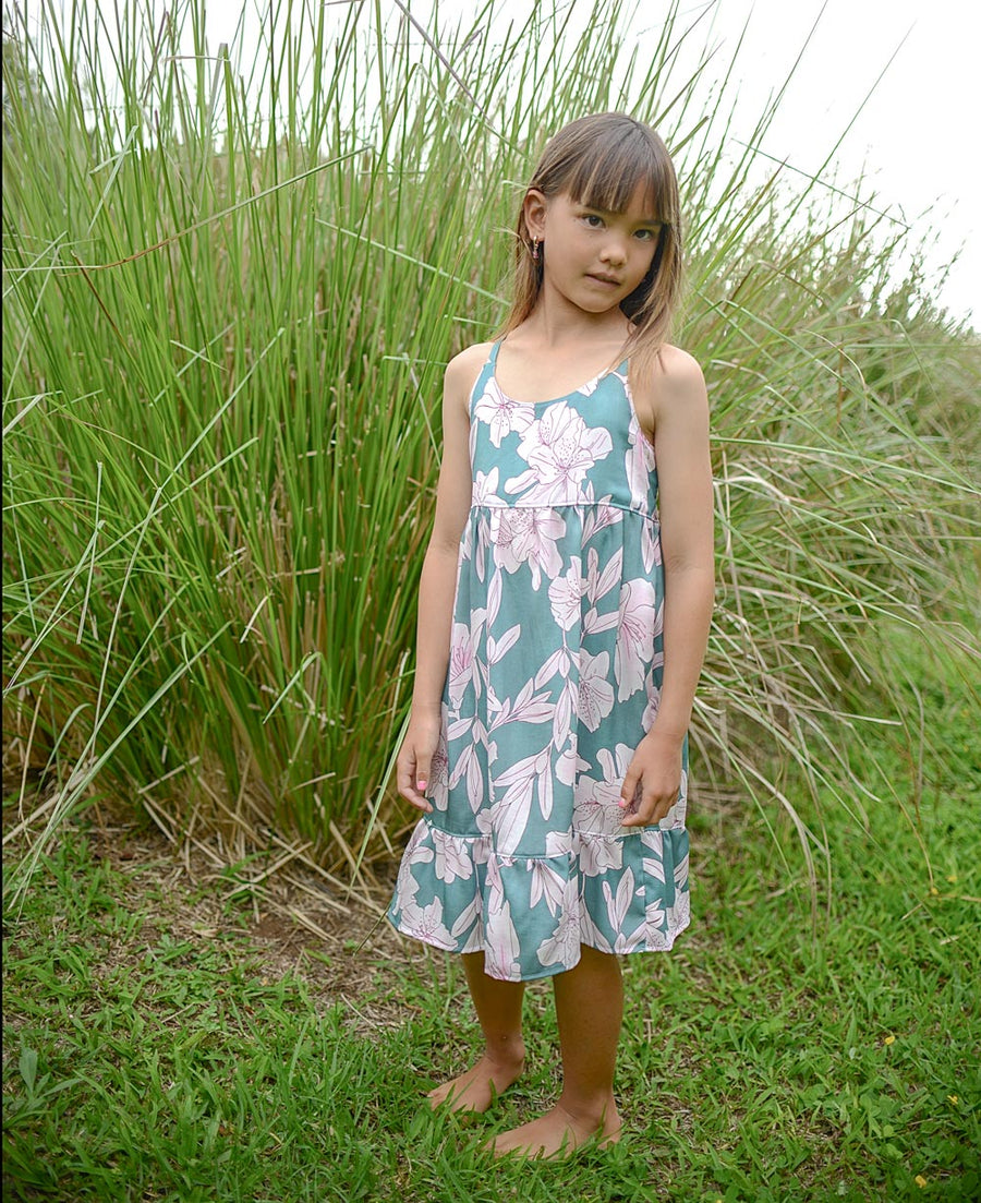 Handmade Girls' 'Jade Pua' Dress | Mu'u House Collab | Adjustable Tie Straps & Ruffled Hem | 100% Cotton Poplin | Made in Maui, Hawaii