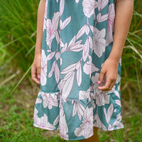 Handmade Girls' 'Jade Pua' Dress | Mu'u House Collab | Adjustable Tie Straps & Ruffled Hem | 100% Cotton Poplin | Made in Maui, Hawaii