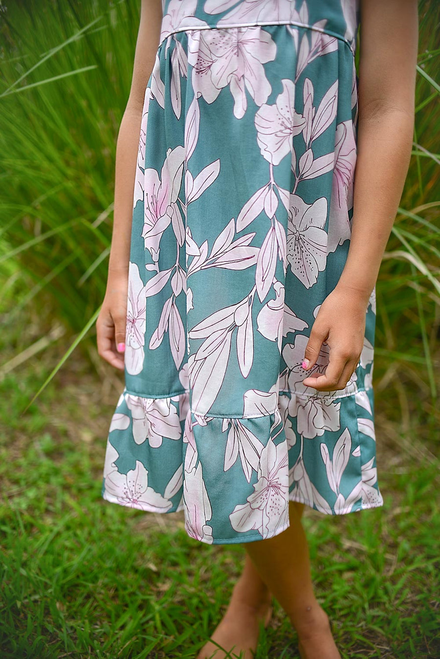 Handmade Girls' 'Jade Pua' Dress | Mu'u House Collab | Adjustable Tie Straps & Ruffled Hem | 100% Cotton Poplin | Made in Maui, Hawaii