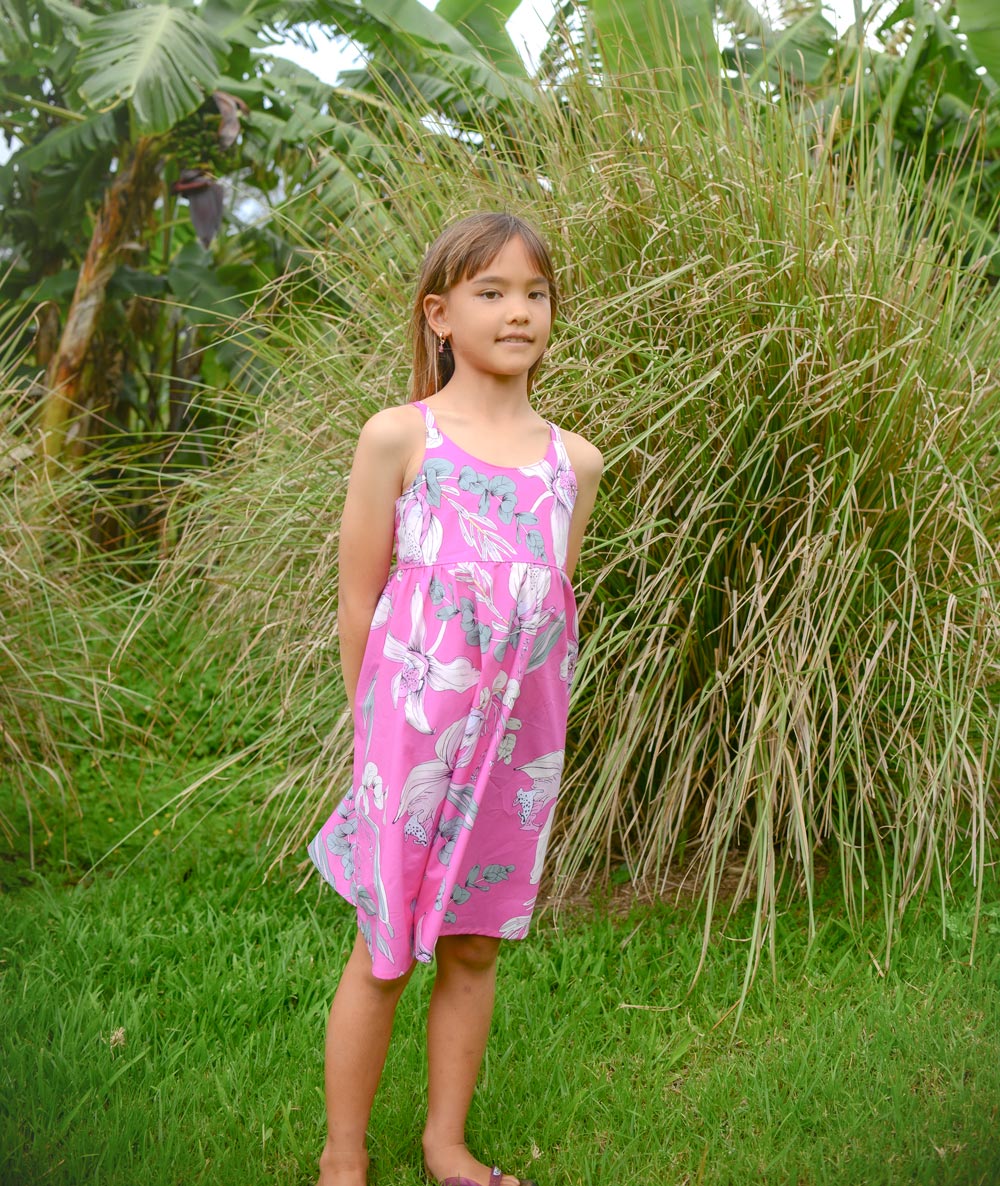 Girls Dress in Pink Orchid - Mu'u House x Bitty Bambu Collaboration Dress - Made on Maui, Hawaii