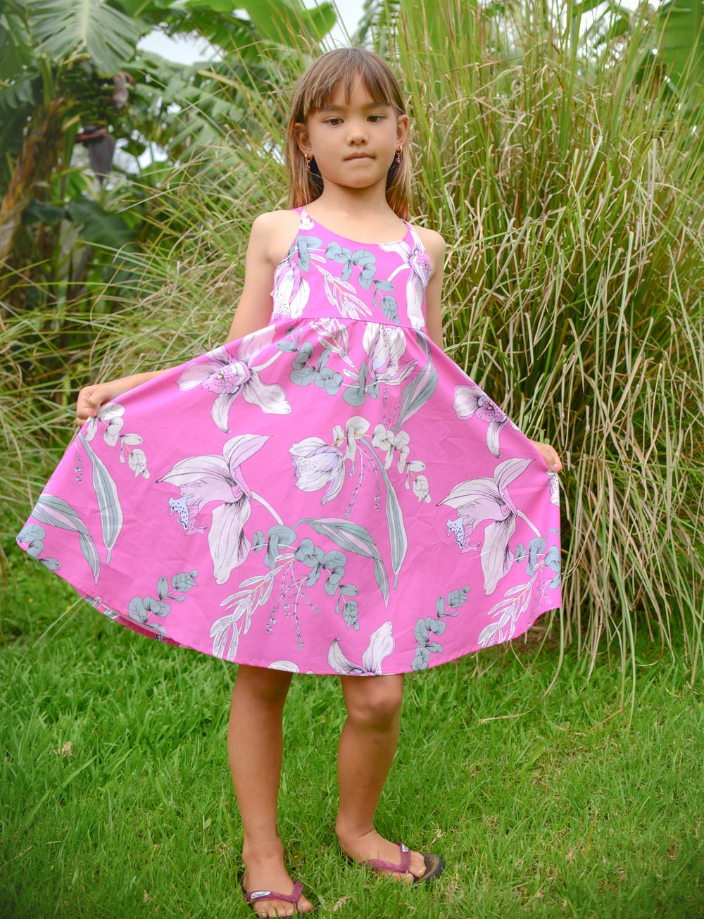 Girls Dress in Pink Orchid - Mu'u House x Bitty Bambu Collaboration Dress - Made on Maui, Hawaii