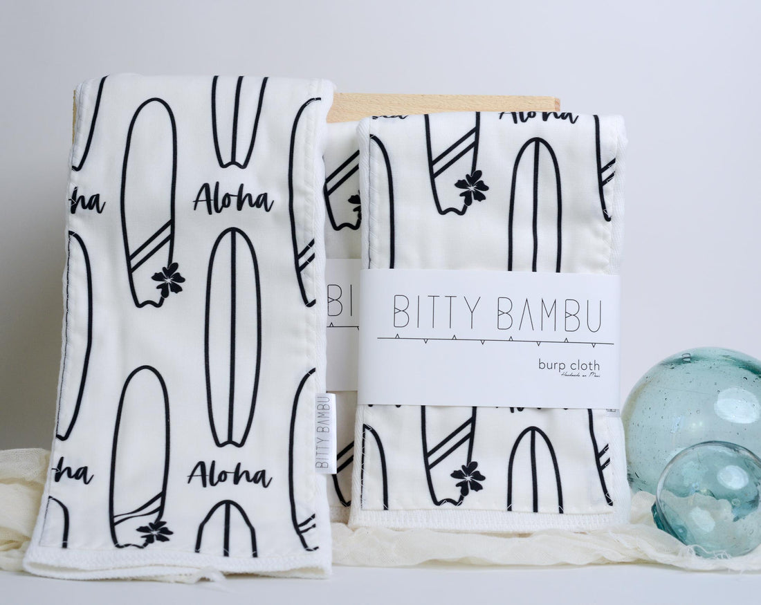 Hawaii Baby Gift, Aloha Surfboards Baby Shower Gift, Burp Cloth Set, Handmade in Maui
