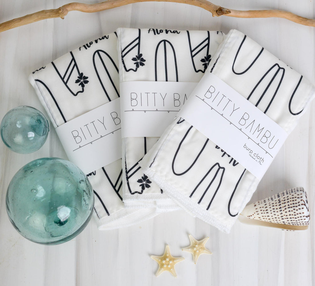 Hawaii Baby Gift, Aloha Surfboards Baby Shower Gift, Burp Cloth Set, Handmade in Maui