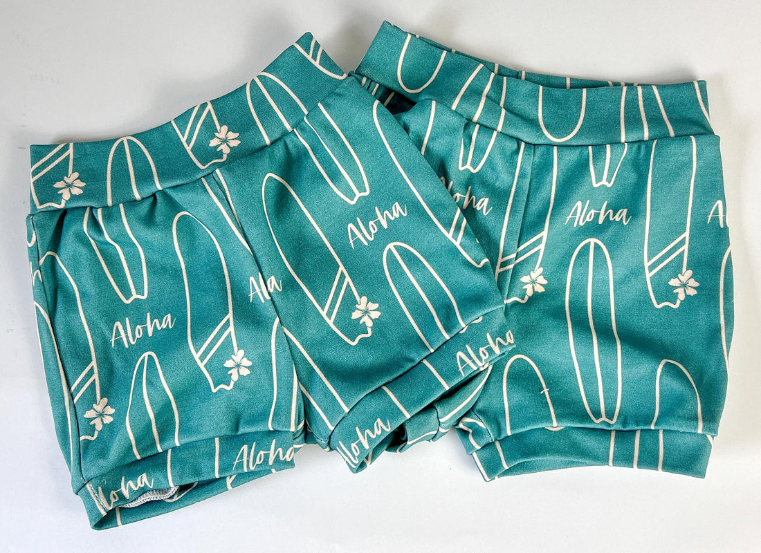 Eco-Friendly Organic Knit Baby Shorts | Blue Aloha Surfboard Design |  Gender Neutral, Soft & Comfy Diaper Cover, or Shorts