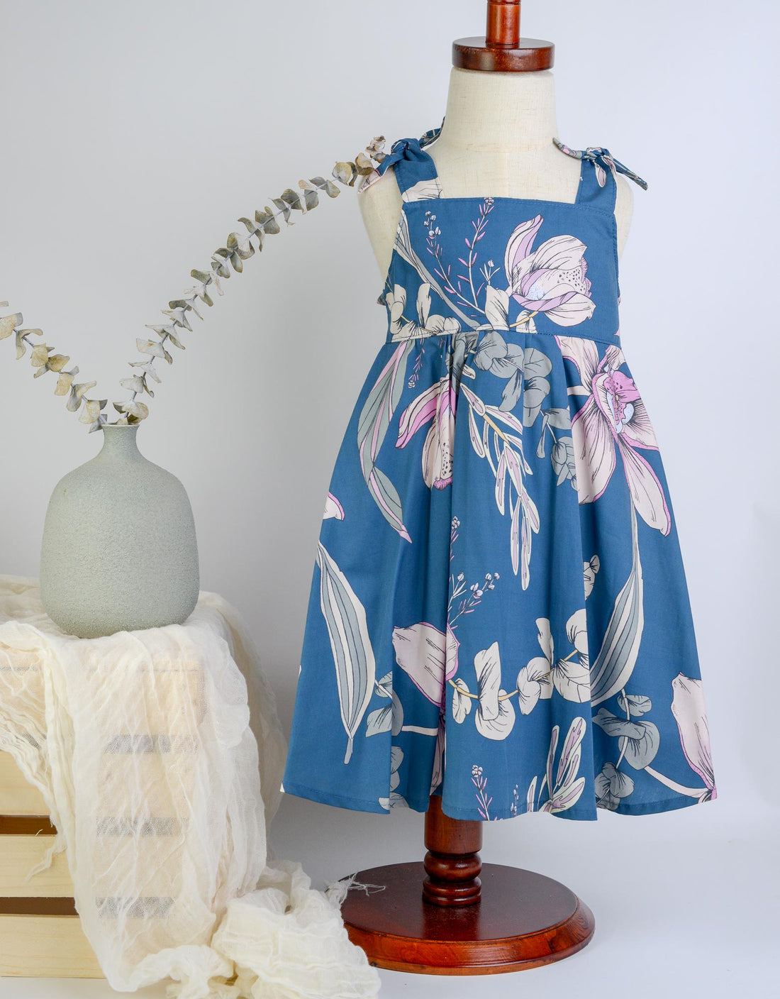 Handmade Girls Twirly Dress in Navy Orchid |  A Mu'u House x Bitty Bambu Collaboration | Adjustable Tie Straps & Full Skirt | 100% Cotton Poplin | Made in Maui, Hawaii