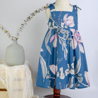 Handmade Girls Twirly Dress in Navy Orchid |  A Mu'u House x Bitty Bambu Collaboration | Adjustable Tie Straps & Full Skirt | 100% Cotton Poplin | Made in Maui, Hawaii