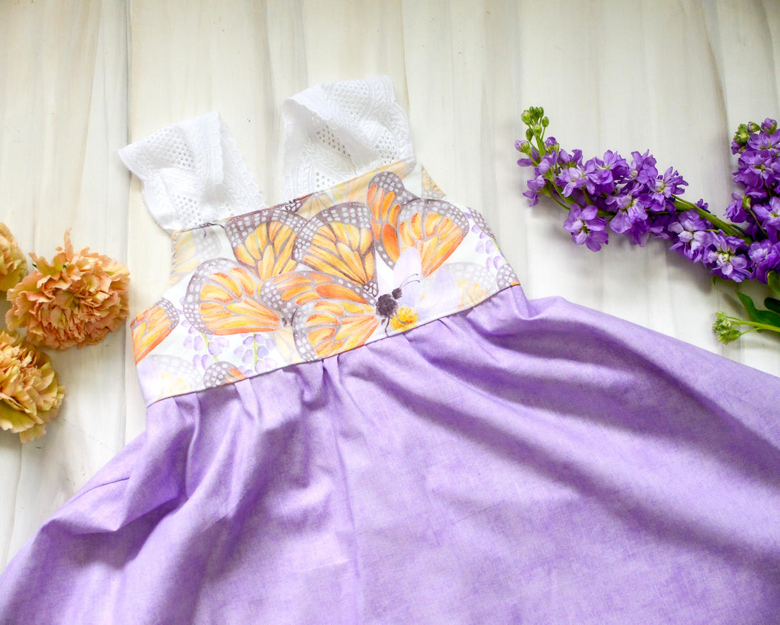 Girls Dress - Monarch Butterfly Print with Lace and Twirly Purple Skir bitty bambu Girls Dress - Monarch Butterfly Print with Lace and Twirly Purple Skir bitty bambu