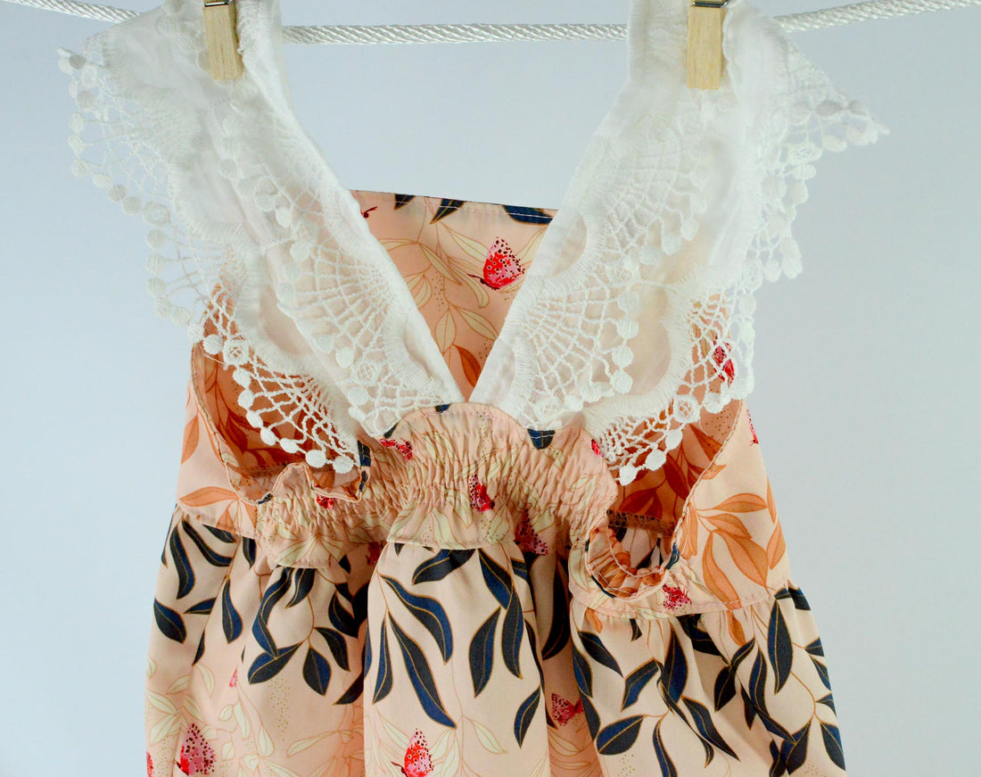 Handmade Girls' Butterfly and Lace Dress | 100% Cotton | Shirred Back and Lace Trimmed| Made in Maui, Hawaii