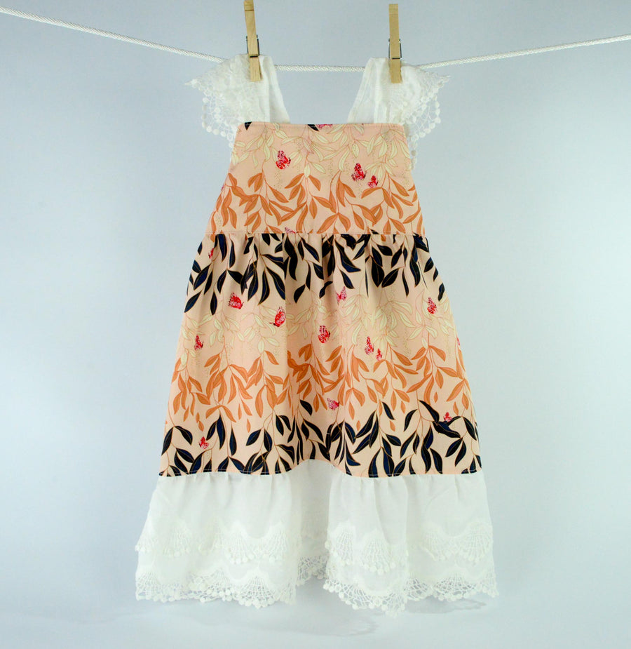 Handmade Girls' Butterfly and Lace Dress | 100% Cotton | Shirred Back and Lace Trimmed| Made in Maui, Hawaii