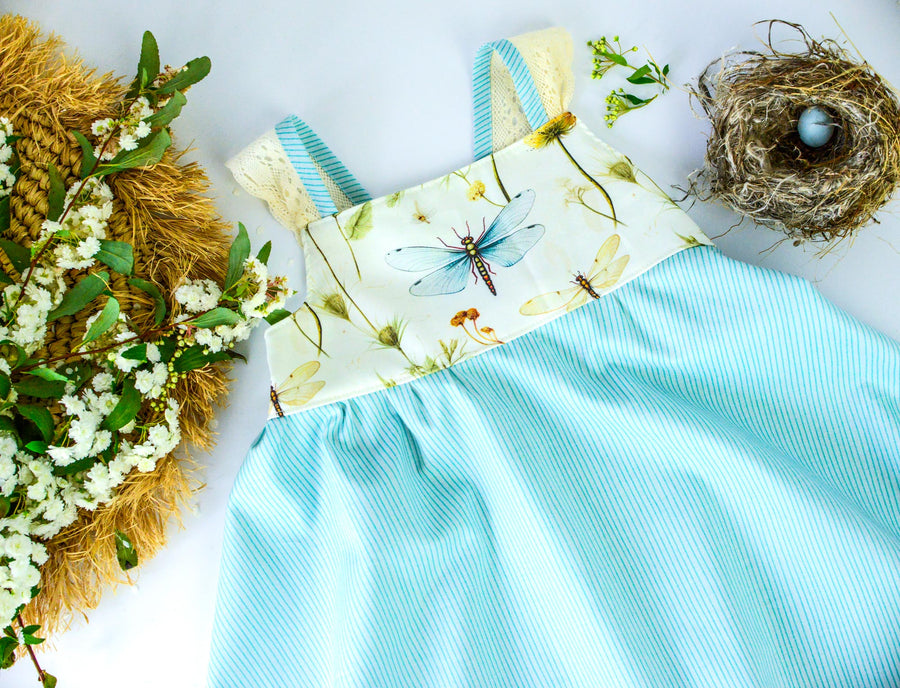 Handmade Girls' Dragonfly and Botanical Print Dress | 100% Cotton | Shirred Back and Lace Trimmed| Made in Maui, Hawaii