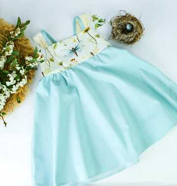Handmade Girls' Dragonfly and Botanical Print Dress | 100% Cotton | Shirred Back and Lace Trimmed| Made in Maui, Hawaii