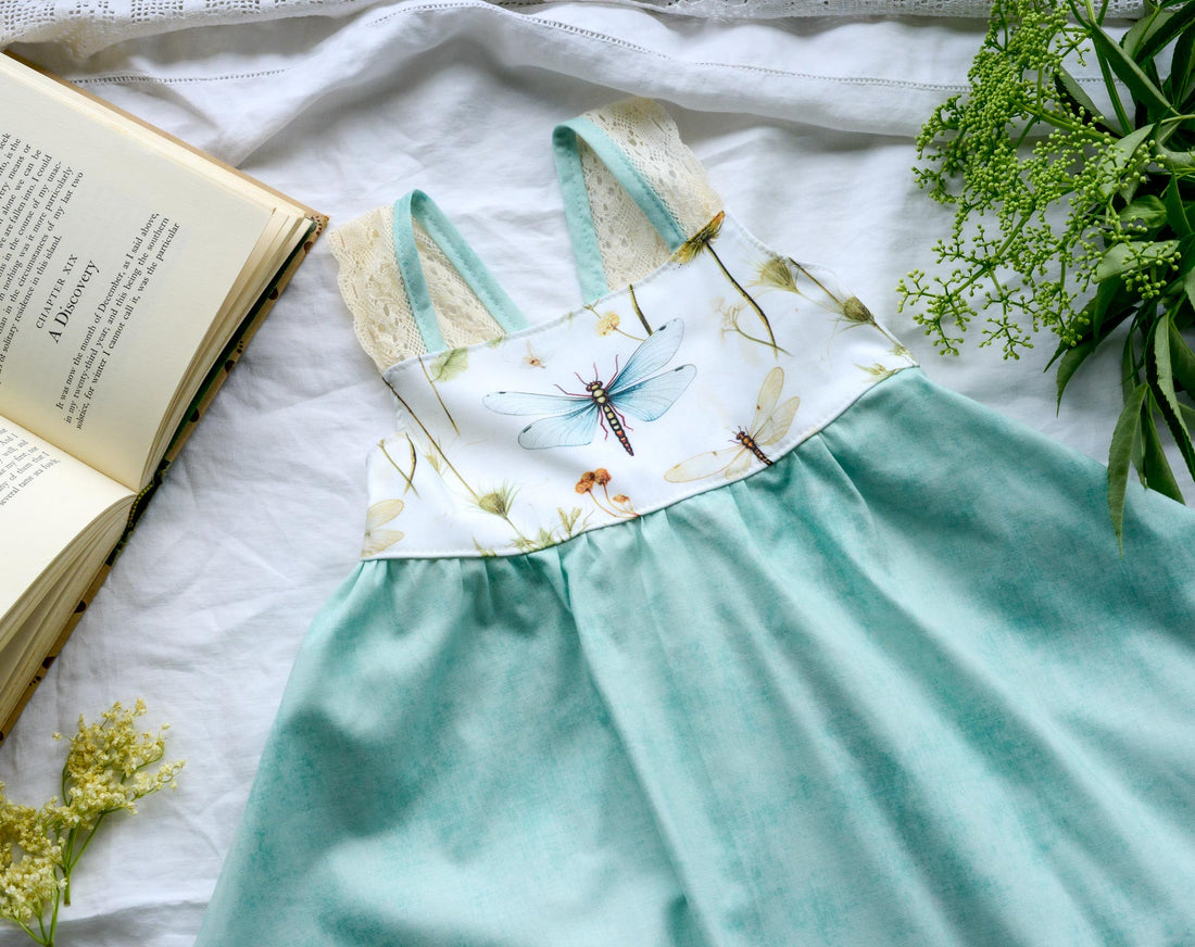 Girls Dress - Dragonfly Botanical Print with Twirly Skirt and Lace - Toddler Dress - Baby Girl Dress - Handmade in Maui, Hawaii USA