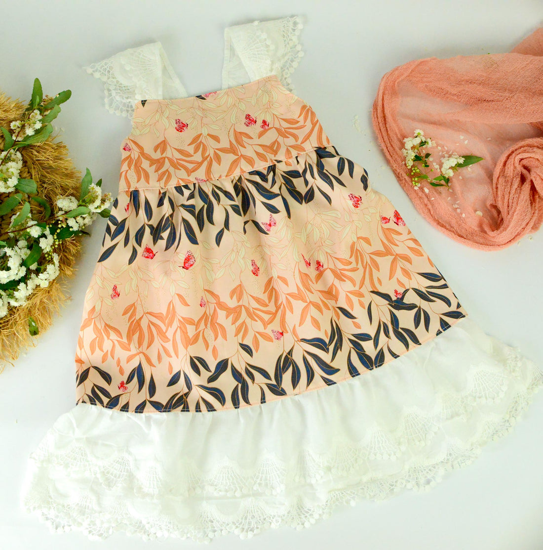 Handmade Girls' Butterfly and Lace Dress | 100% Cotton | Shirred Back and Lace Trimmed| Made in Maui, Hawaii