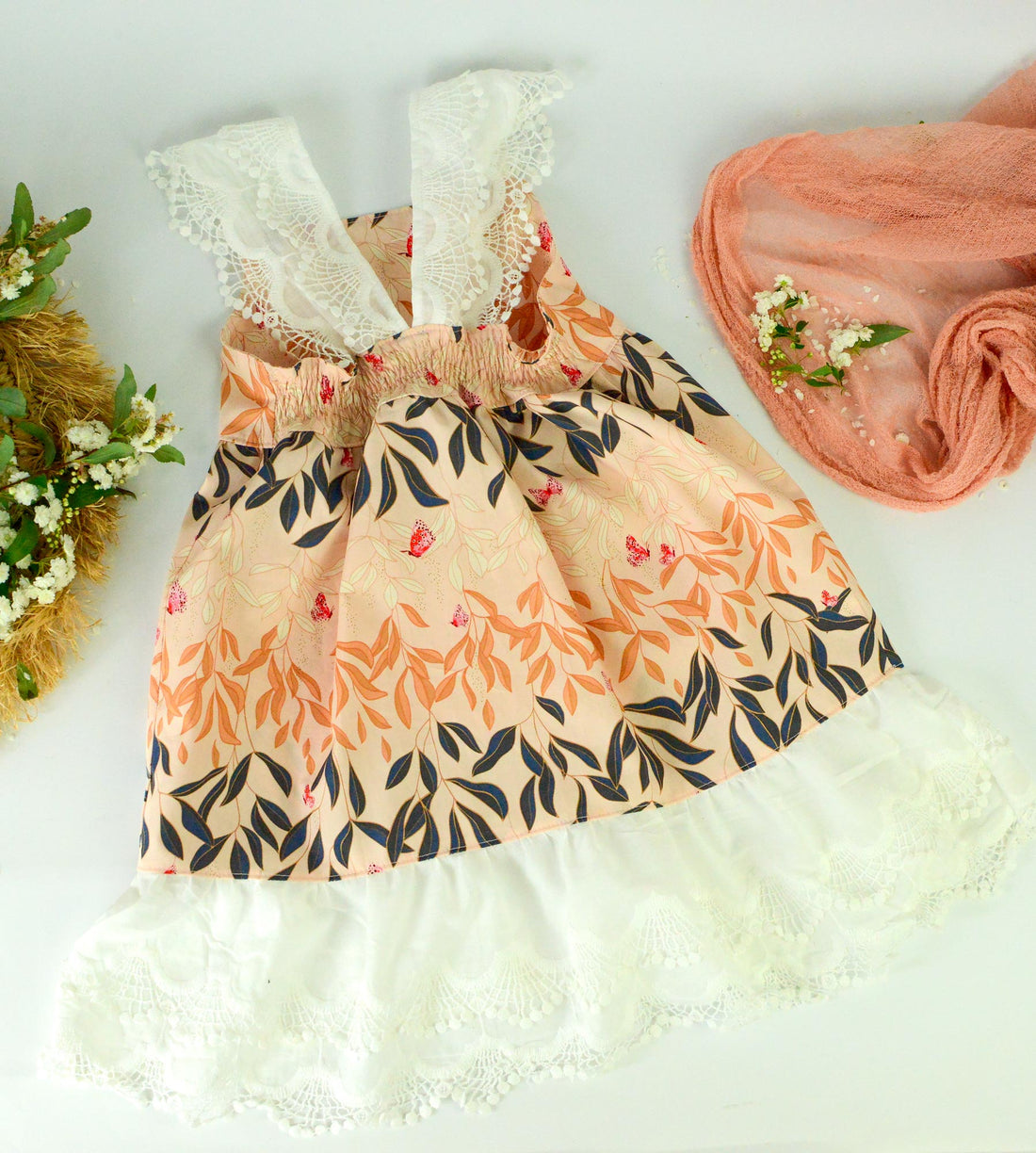 Handmade Girls' Butterfly and Lace Dress | 100% Cotton | Shirred Back and Lace Trimmed| Made in Maui, Hawaii
