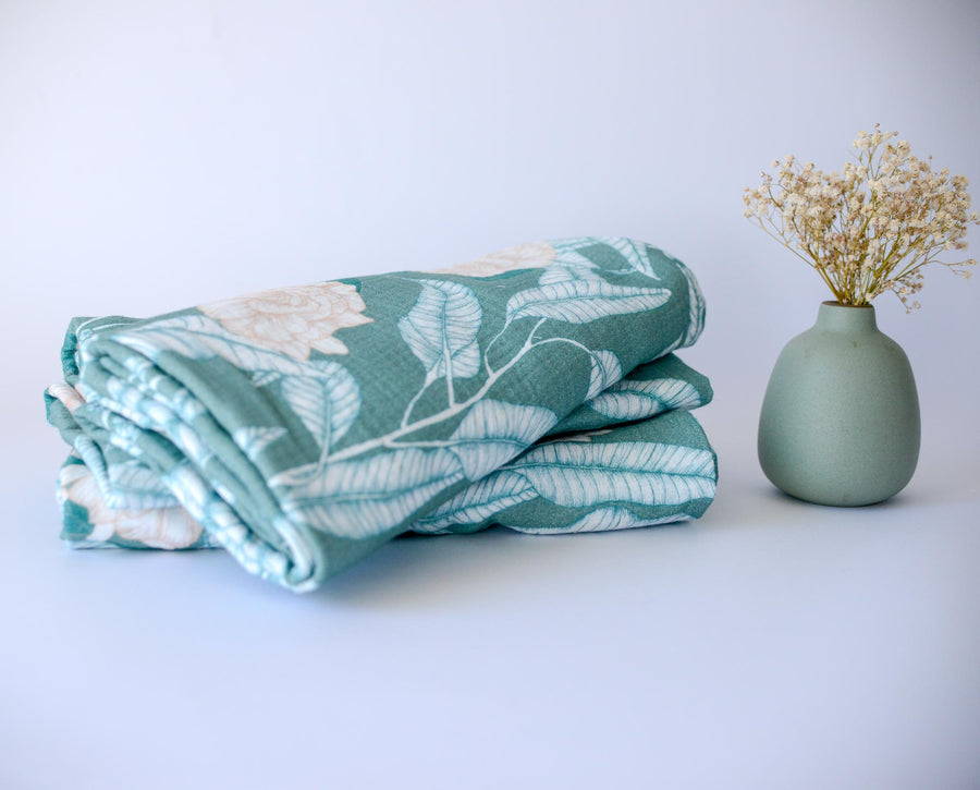 Cotton Gauze Swaddle Blanket – 46" x 46" | Gardenia in Jade | Soft & Breathable Baby Blanket | Multi-Use Baby Swaddle