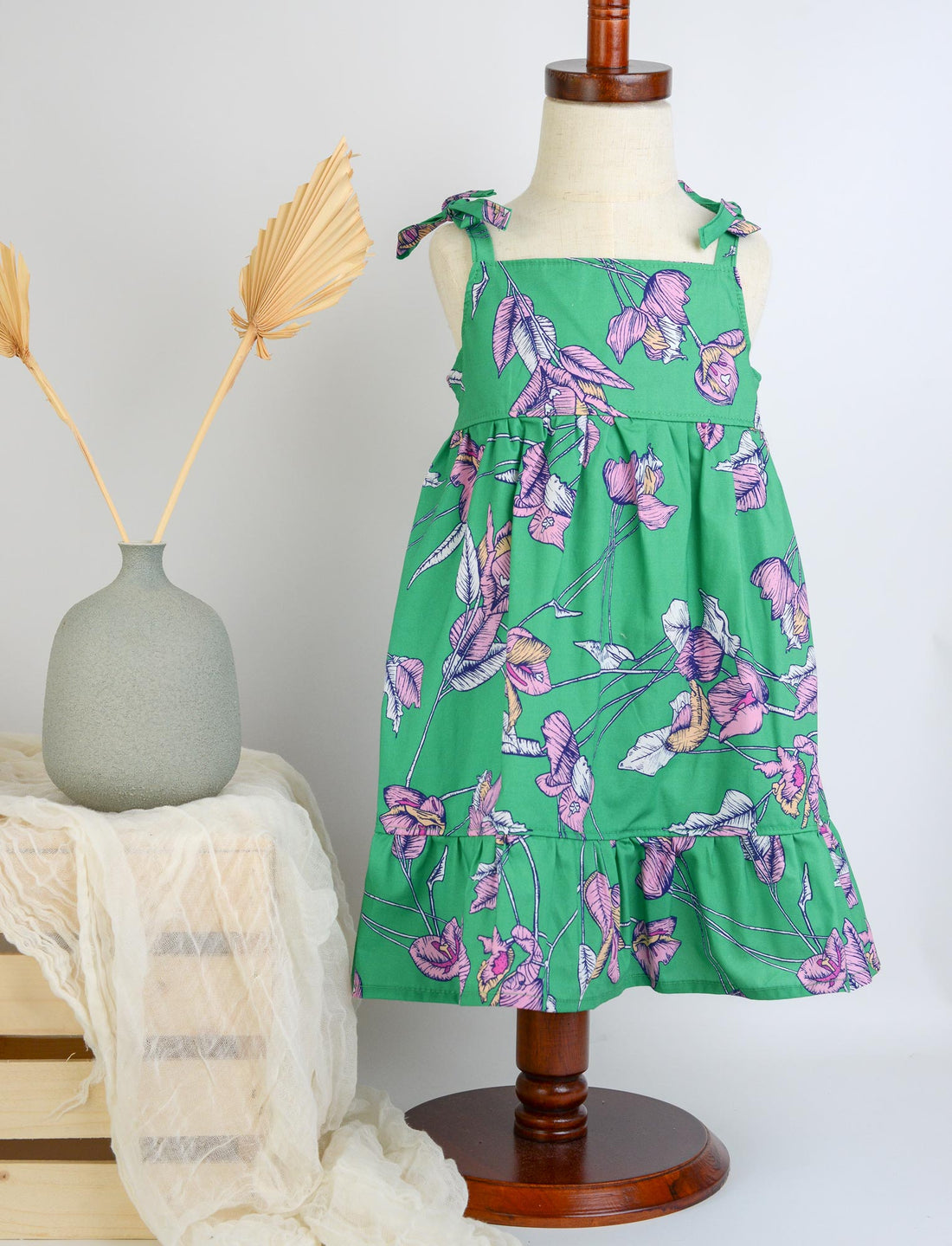 Handmade Girls Dress in Green Bougainvillea | A Mu'u House x Bitty Bambu Collaboration | Adjustable Tie Straps & Ruffled Hem | 100% Cotton | Made in Maui, Hawaii