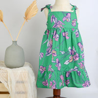 Handmade Girls Dress in Green Bougainvillea | A Mu'u House x Bitty Bambu Collaboration | Adjustable Tie Straps & Ruffled Hem | 100% Cotton | Made in Maui, Hawaii