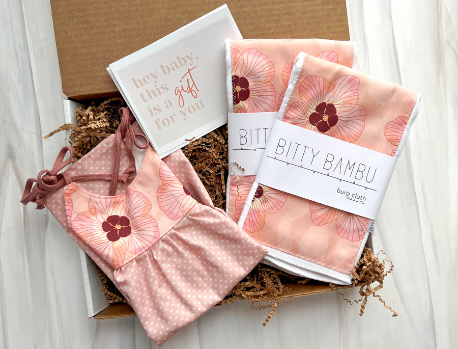 Baby Gift Box - Gift Set for Baby Girl with Quality Handmade Dress and Two Handmade Burp Cloths - Made in Maui, Hawaii