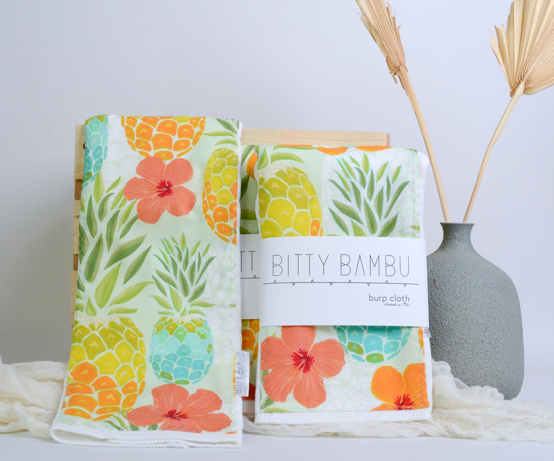 Hawaii Baby Gift, Pineapples and Hibiscus Print Baby Shower Gift, Burp Cloth Set, Handmade in Maui