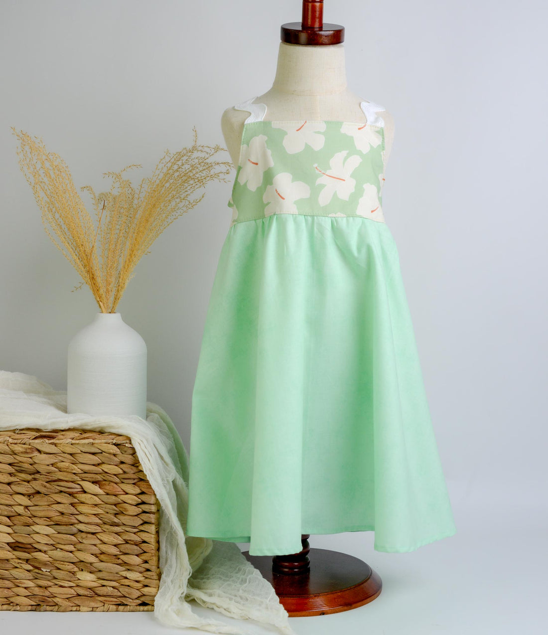 Handmade Hawaiian Girls Twirl Dress - Mint Hibiscus with Ric Rac Tie Straps