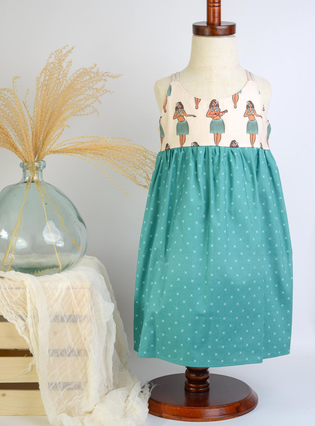 Gift Box | Handmade Baby Girl Gift Box: Hula Girls Dress & Burp Cloth Set | Size 6-12 Months | Made in Maui, Hawaii