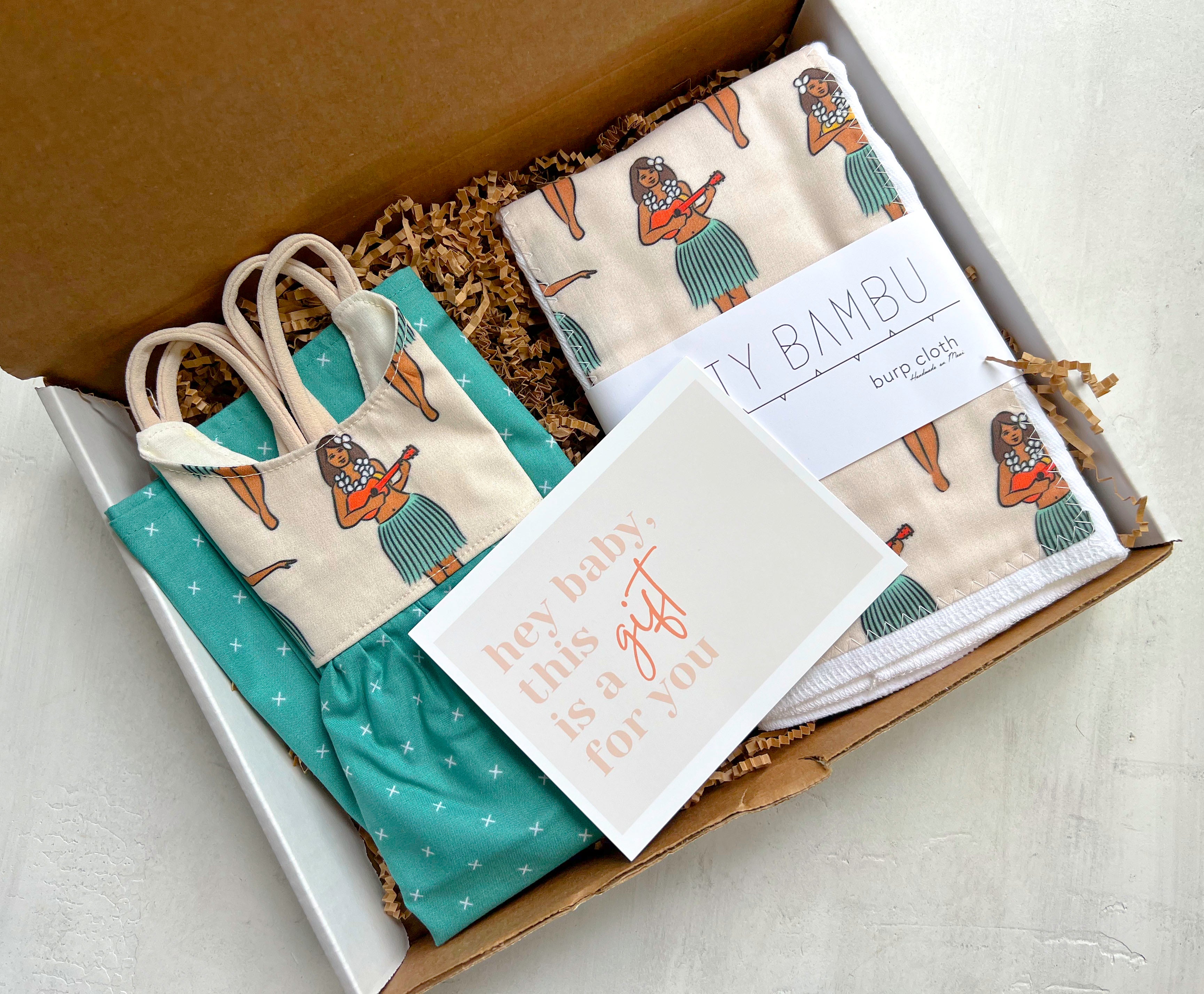 Gift Box | Handmade Baby Girl Gift Box: Hula Girls Dress & Burp Cloth Set | Size 6-12 Months | Made in Maui, Hawaii